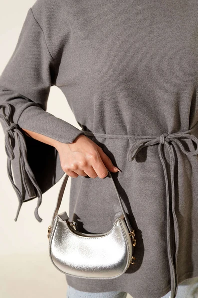 Bilek İpli Fitilli Kaşe Tunik Gri - Resim 4