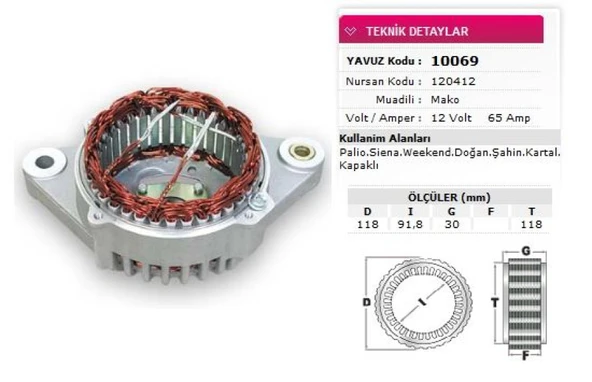 Tofas Stator Mako Tip 12v 65a Palıo Siena Weekend Dogan Sahın Kartal Kapaklı Nursan 120412 - Yavuz 10 069 ürün görseli