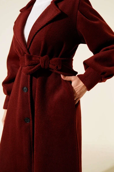 Kruvaze Yaka Kuşaklı Astarlı Kaşe Kaban Bordo - Resim 4