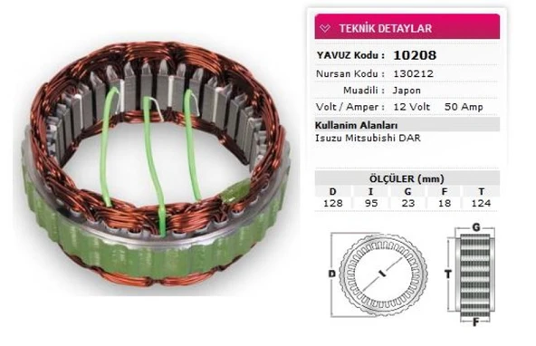 Mitsubıshı Stator Mitsubıshı Tip 12v 50a İsuzu Mitsubıshı Dar Nursan 130212 - Yavuz 10 208 ürün görseli