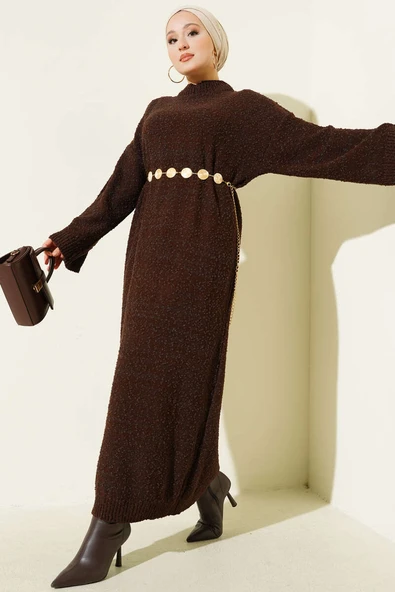 Kabartma Desenli Triko Elbise Kahve ürün görseli 1