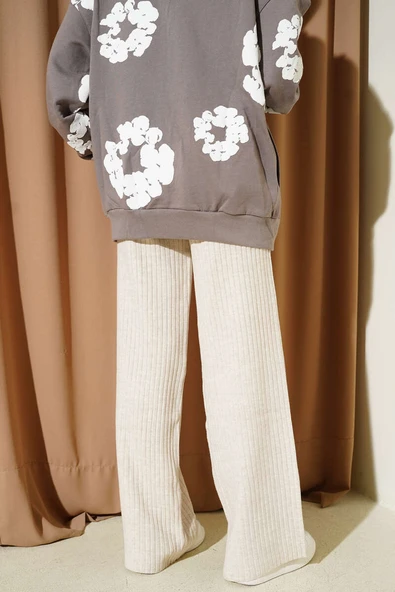 Fitilli Geniş Paça Triko Pantolon Bej - Resim 3