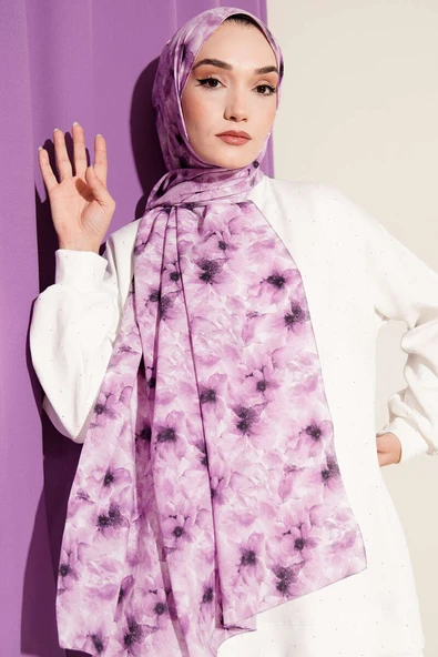 Çiçek Desenli Rami Şal Lila - Resim 2