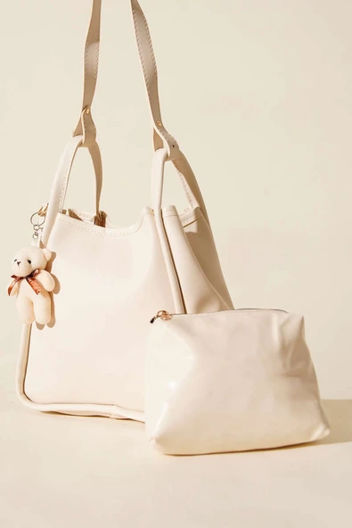 Çıtçıtlı Makyaj Çantalı Kadın El Çantası Krem ürün görseli 1