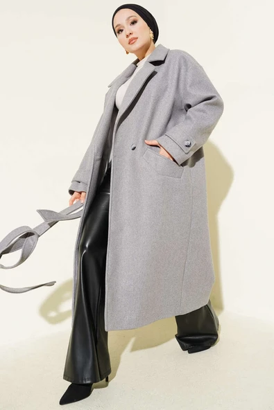 İki Düğmeli Kruvaze Yaka Kaşe Kaban Gri ürün görseli 1