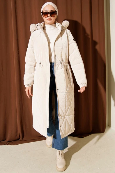 Kapüşonlu Baklava Kapitone Uzun Mont Taş ürün görseli 1