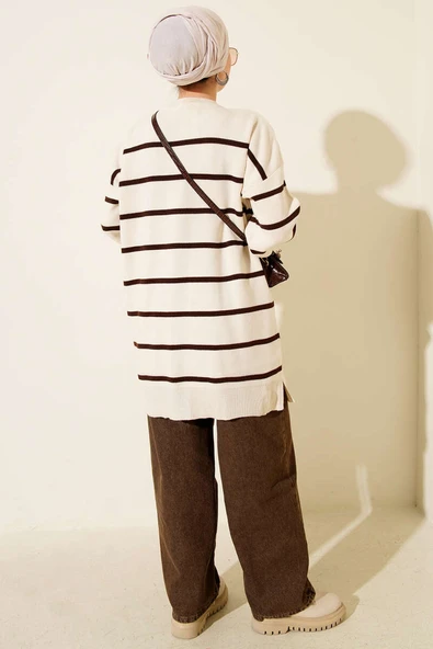 Bisiklet Yaka Yatay Çizgili Triko Tunik Taş - Resim 3