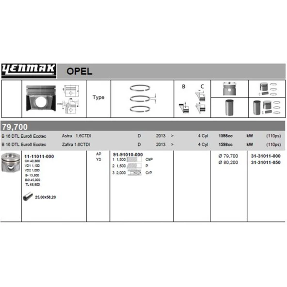 Opel Piston Segman Komple Std. Astra K 16> B16dte Astra J 10> B16dtl İnsignia B 18> B16dte D16dte Meriv - Yenmak 31-31011-000 ürün görseli 1