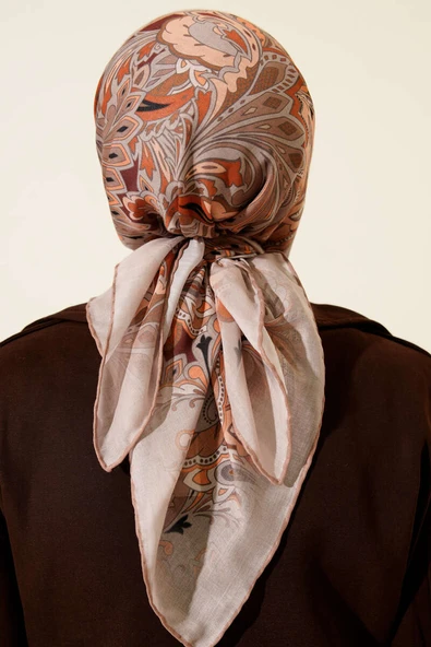 Retro Motifli Modal Eşarp Bej - Resim 3