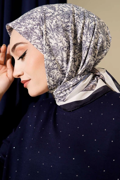 Desenli Lacivert Serisi Eşarp Asorti 2 - Resim 2