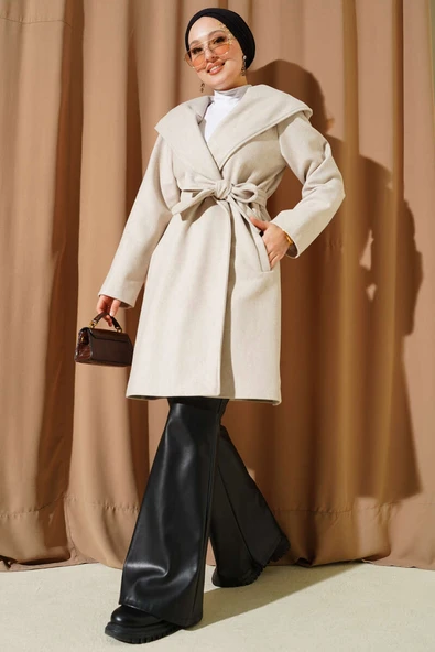 Kuşaklı Kapüşonlu Kaşe Kaban Taş - Resim 2