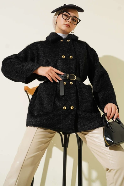 Gold Düğmeli Sakallı Kemerli Ceket Siyah ürün görseli 1