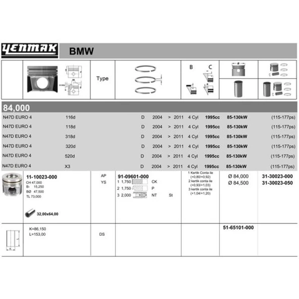 Bmw Piston Segman Std. Bmw (n47, 84,00mm Euro 4) E81 E82 E87 E88 E90 E92 E93 E60 E83 < 2008 - Yenmak 31-30023-000 ürün görseli 1