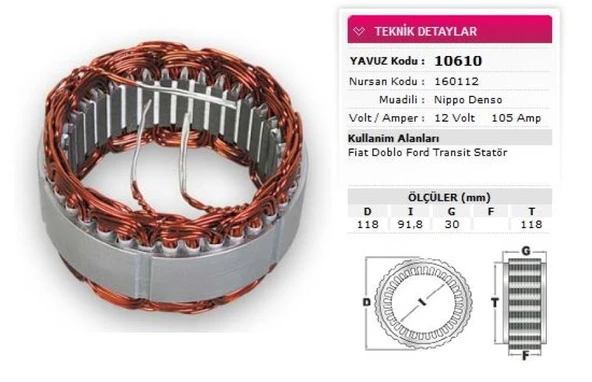 Fiat Stator Denso Tip 12v 105a Fiat Doblo Ford Transıt Nursan 160112 - Yavuz 10 610 ürün görseli