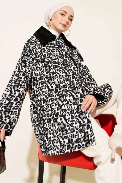 Leopar Desen Kadife Yaka Trençkot Siyah ürün görseli 1