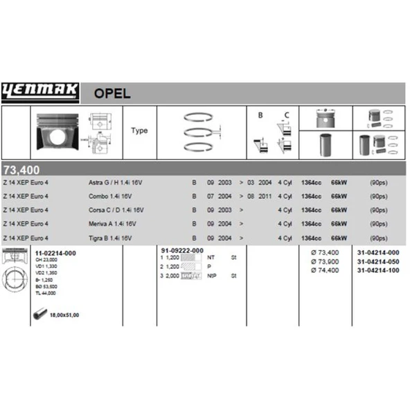 Opel Motor Piston+segman Komple 1,00 (74,40mm) Astra G – Astra H Corsa C – Corsa D – Meriva A – Tigra B - Yenmak 31-04214-100 ürün görseli