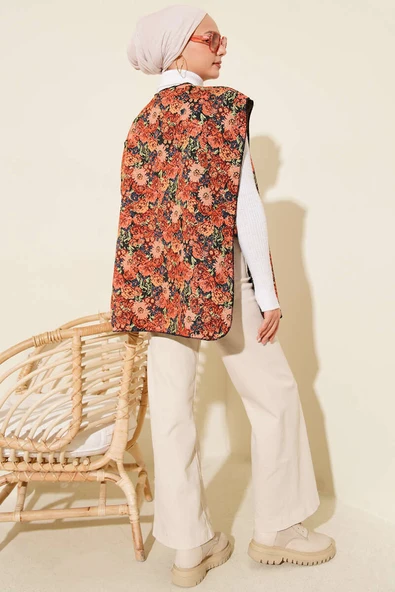 Etnik Desen Çıtçıtlı Yelek Kiremit - Resim 3