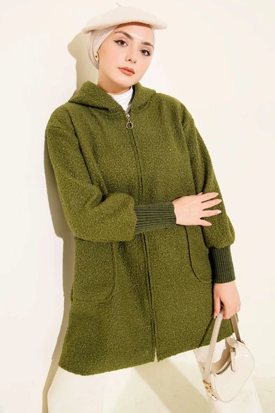 Bilek Ribanalı Kapüşonlu Buklet Hırka Haki ürün görseli 1