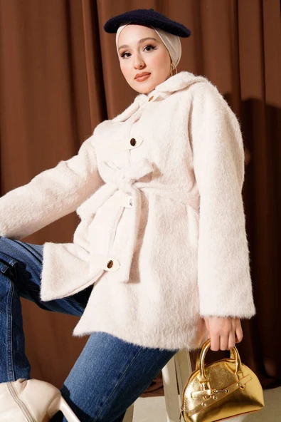 Deri Çıtçıtlı Sakallı Kuşaklı Ceket Ekru - Resim 2