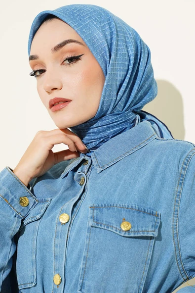 İnce Çizgi Desenli Demore Eşarp Mavi ürün görseli 1