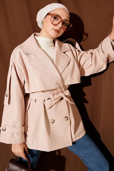 Omuz Apoletli Kuşaklı Trençkot Bej ürün görseli 1