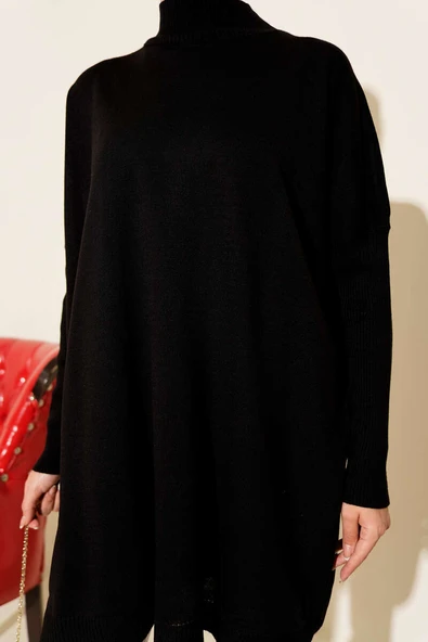 Kol Ribanalı Oversize Triko Tunik Siyah - Resim 4
