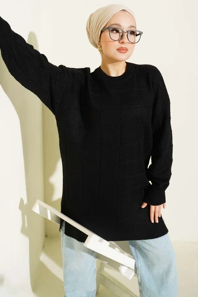 Kare Desenli Yumoş Triko Tunik Siyah ürün görseli