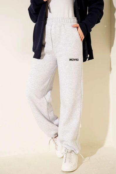 Bol Paça Lastikli Üç İplikli Pantolon Gri - Resim 2