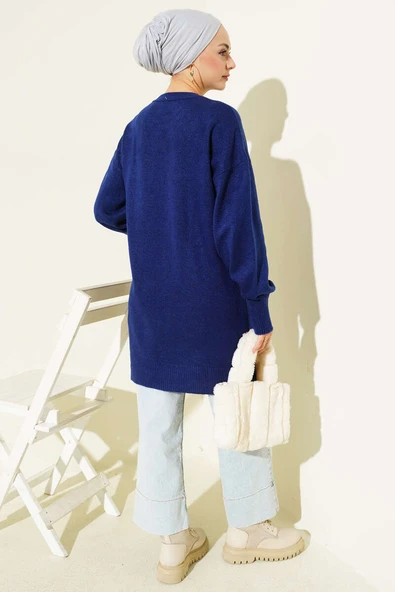 Yaka Çiçekli Yumoş Triko Tunik Lacivert - Resim 3