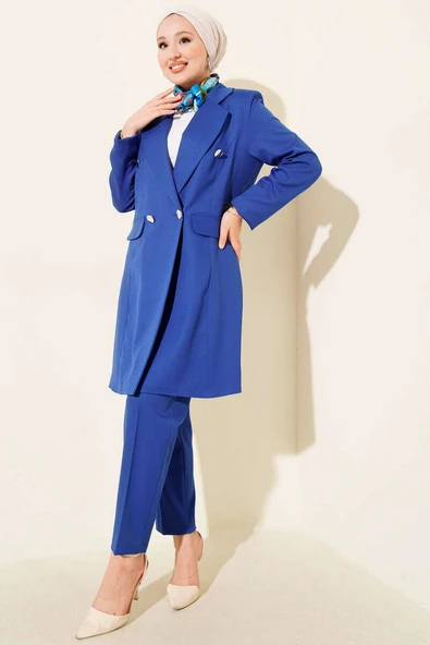 Kruvaze Yaka Blazer Ceketli İkili Takım Saks ürün görseli 1