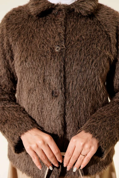 Düğmeli Sakallı Kısa Ceket Kahve - Resim 4