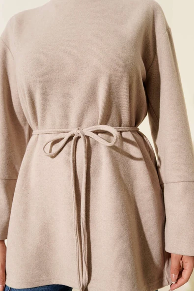 Bilek İpli Fitilli Kaşe Tunik Bej - Resim 4