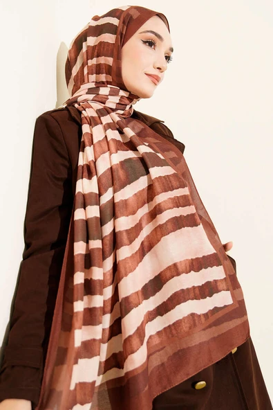 Stick Desen Lina Şal Kahve - Resim 2