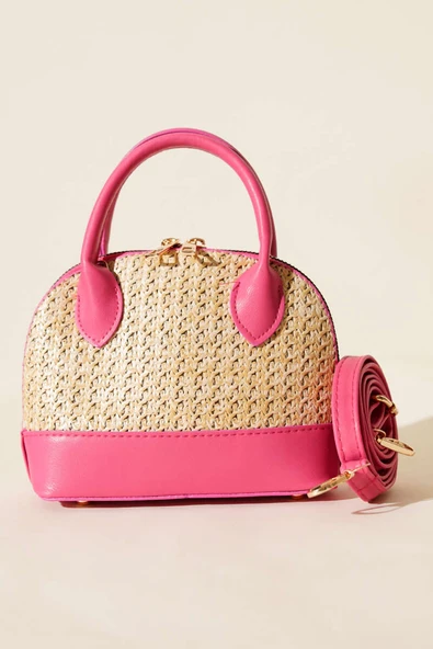 Oval Hasır Detaylı Çanta Fusya - Resim 2