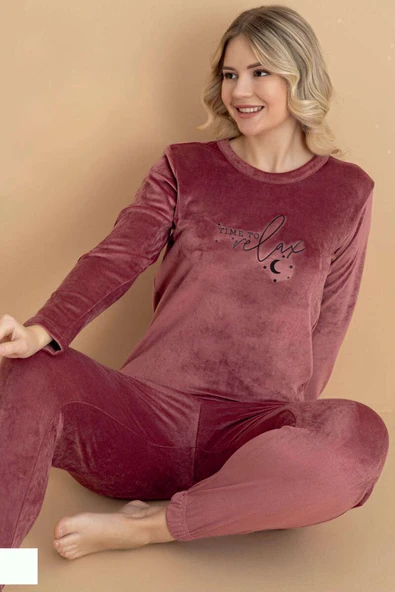 Time To Relax Baskılı Kadife Pijama Takımı Gül Kurusu ürün görseli 1