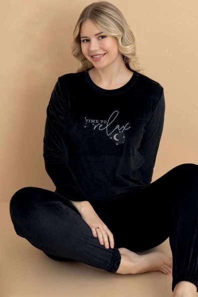 Time To Relax Baskılı Kadife Pijama Takımı Siyah ürün görseli 1