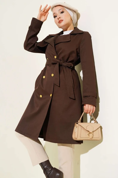 Tek Omuz Apoletli Kruvaze Trençkot Kahve ürün görseli 1