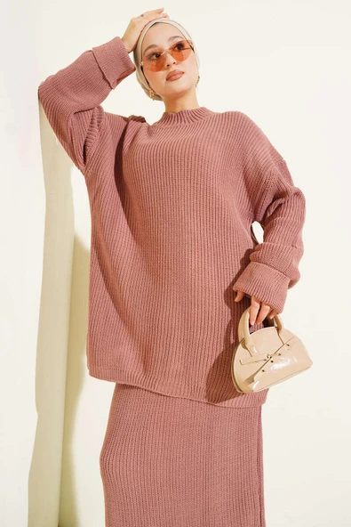 Selanik Örgülü Etekli Triko İkili Takım Gül Kurusu - Resim 2