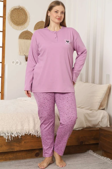 Kalp Nakışlı Büyük Beden Pijama Takımı Lila ürün görseli 1