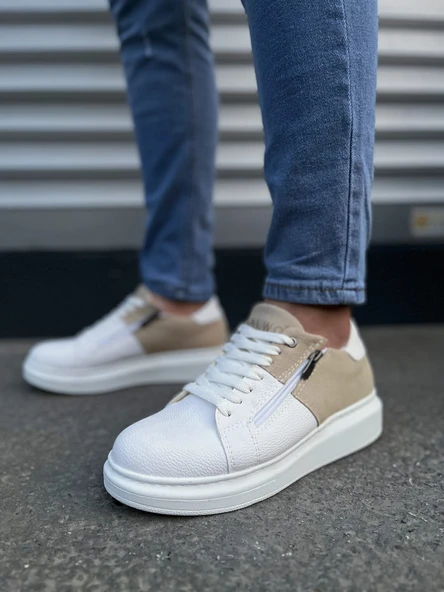 JY155 Warrior Bağcıklı ve Fermuarlı Cilt Süet Erkek Günlük Sneaker Ayakkabı CSBT - Beyaz/Krem - Resim 2