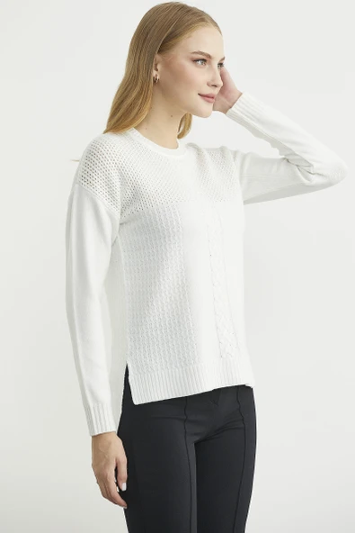 Motifli Arkası Uzun Triko Kazak - Kemik - Resim 5