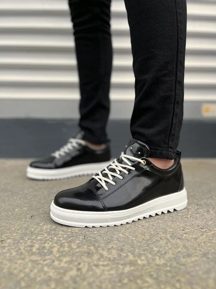 JY152 Cool Bağcıklı Rugan Erkek Günlük Spor Klasik Ayakkabı RBT - Siyah - Resim 2