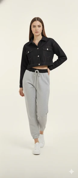 Cemo Siyah Jean Ceket ve Gri Eşofman Altı Kombin Seti - Resim 6