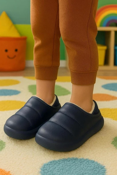 Peluş İçi Yünlü Kışlık Panduf Lacivert Çocuk Ev Terliği - Resim 2