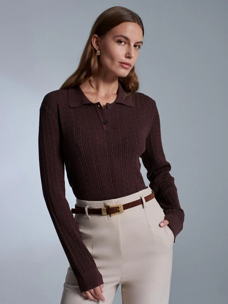 10827 DİLVİN POLO YAKA DÜĞ. AJURLU TRİKO KAZAK - Resim 3