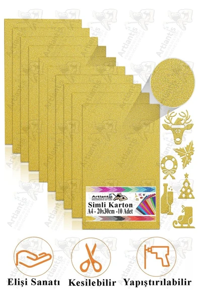 Altın Sarı Simli Karton A4 20x30 cm 10 lu 1 Paket Simli Fon Kartonu Parıltılı Kağıt Anasınıfı Kreş Etkinlik Proje ürün görseli 1