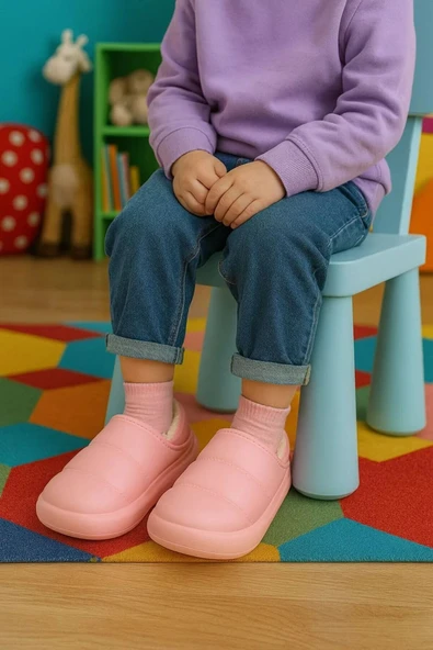 Peluş İçi Yünlü Kışlık Panduf Pembe Çocuk Ev Terliği - Resim 2