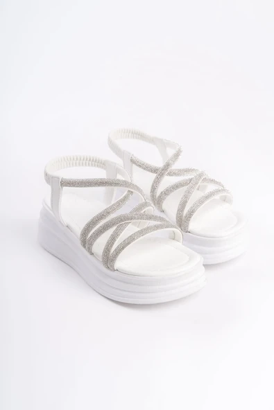 ELENA Lastikli Taşlı Şeritli Ortopedik Taban Kadın Sandalet  CBT - Beyaz - Resim 4