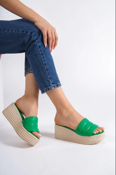 REINA Dolgu Topuklu Ortopedik Taban Hasır Görünümlü Kadın Terlik CKT - Yeşil - Resim 2