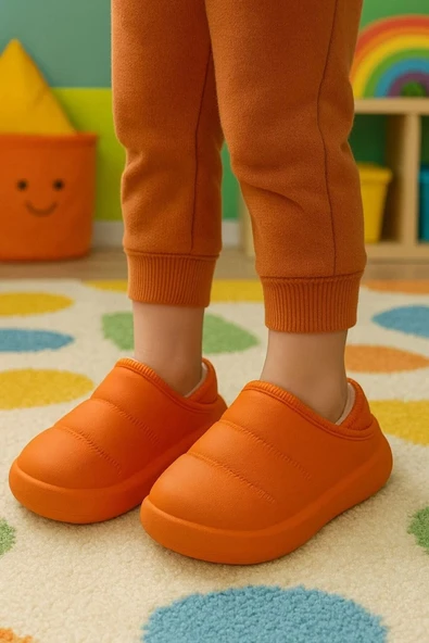 Peluş İçi Yünlü Kışlık Panduf Turuncu Çocuk Ev Terliği - Resim 2